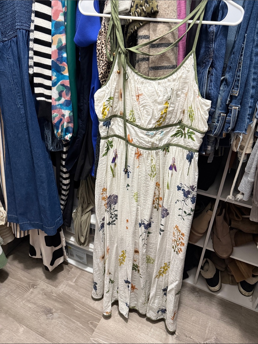 White Floral Midi Dress with Olive Trim